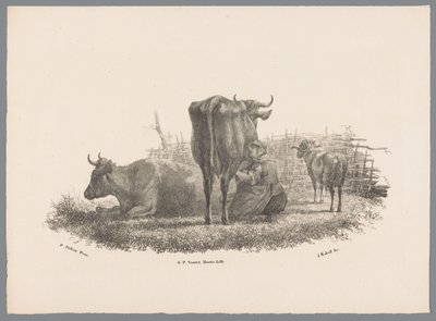 Dojící farmářova žena, dvě krávy a beran Beesten Studien od J. Kobella podle Paula Pottera Nr. 1 (název série) od Jan Kobell (III)