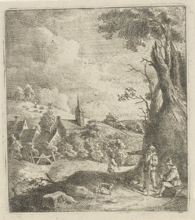 Krajina s vesnicí a dvěma muži u stromu od Jan Lauwryn Krafft (I) (attributed to)
