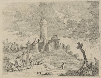 Krajina s hradem a třemi muži od Jan Lauwryn Krafft (I) (possibly)
