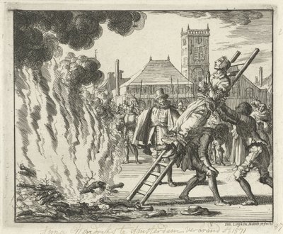Anneken Hendriks, svázaný na žebříku, upálen v Amsterdamu, 1571, 1685 od Jan Luyken
