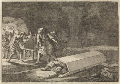 Pohřební sluhové v Římě vidí, že Antonio Marlini, kterého před několika dny pohřbili v trezoru, musel být zjevně mrtvý, 1696 od Jan Luyken