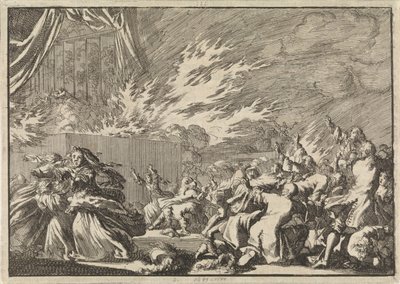 Požár dřevěné kůlny, ve které se vedle zámku Amelienborg v Kodani odehrává divadelní představení, 1689 od Jan Luyken
