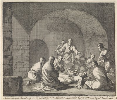 Svatý Lucián slaví Večeři Páně ve vězení Pozice při večeři ve vězení, kde Lucian podává prsa stolu (název na předmětu) od Jan Luyken