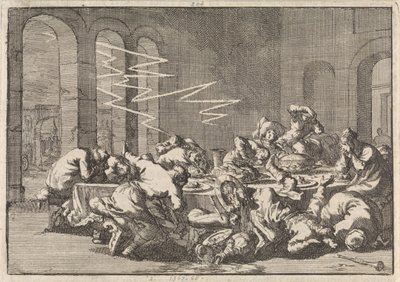 V polské vesnici Perzyn bylo během křestního jídla zabito 23 lidí bleskem, 1676 od Jan Luyken