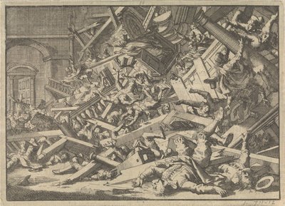 Zřícená galerie během katolické bohoslužby v domě španělského vyslance v Londýně, 1623 od Jan Luyken