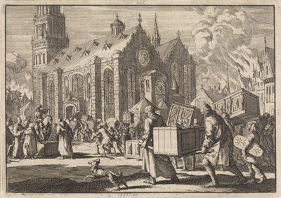 Obyvatelé Spires v dobré víře přinášejí svůj nábytek do katedrály, kde je následně spálí francouzský generál Monclar, 1689 od Jan Luyken