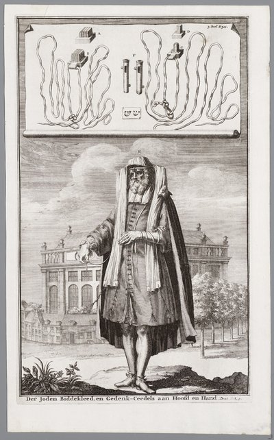 Židovský muž, oblečený k modlitbě. Na pozadí portugalská synagoga v Amsterdamu od Jan Luyken