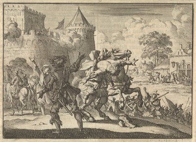 Císařský velitel Dampier spadl z koně po výstřelu z hradeb Presburgu (Bratislava), 1620 od Jan Luyken