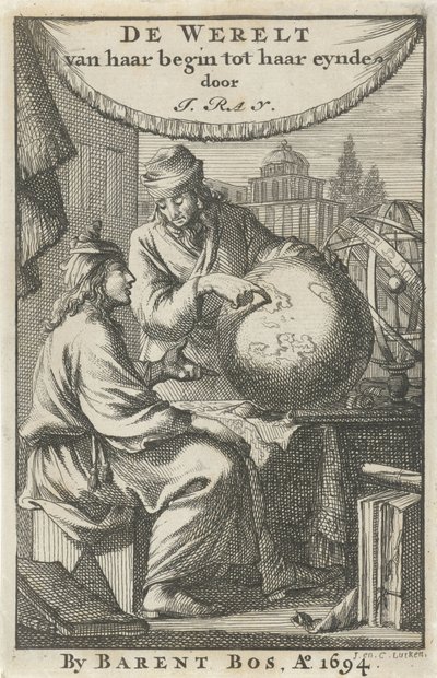 Dva muži studují zeměkouli Titulní strana pro: J. Ray, Svět od jejího začátku do konce, 1694 od Jan Luyken