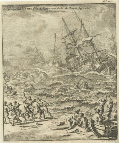Ztroskotání na mysu Dobré naděje, 1693 Havárie tří lodí v Cabo de Bonne Esperance (název na předmětu) od Jan Luyken
