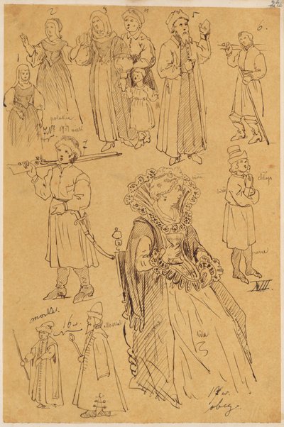 Skarbczyk. Zwölf Personen: Frauen, Männer, Kinder, Bauern, Moskauer, sitzende Dame, aus dem 16. und 17. Jahrhundert od Jan Matejko
