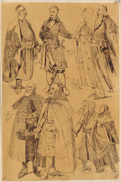 Skarbczyk. Acht Männer und Frauen in Kostümen des 16. und 18. Jahrhunderts od Jan Matejko