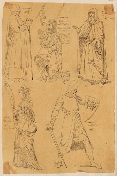 Skarbczyk. Fünf Figuren: Gelehrter, kniender Ritter, Jude, Frau, kämpfender Ritter od Jan Matejko