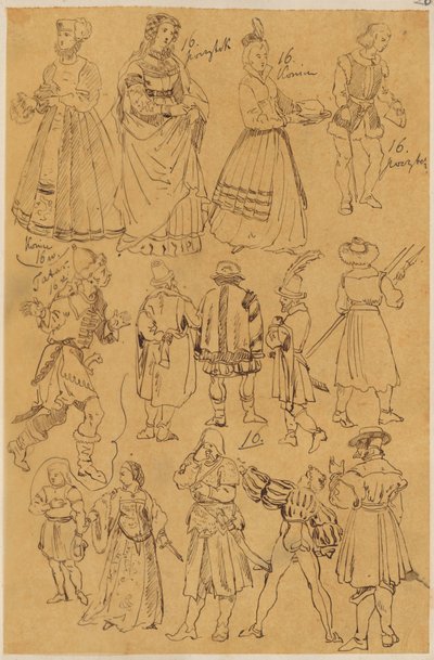 Skarbczyk. Verschiedene Personen in Kleidung aus dem 16. Jahrhundert (14 in voller Gestalt). od Jan Matejko