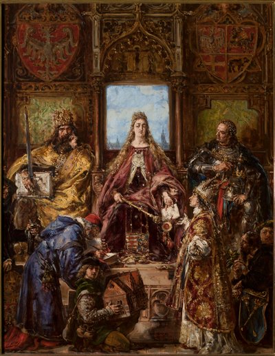 Založení hlavní školy, upevněné jejím přenesením do Krakova. R.P. 1361-1399-1400 od Jan Matejko