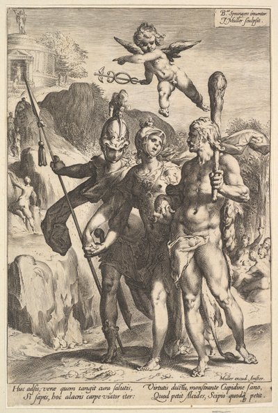 Herculesovi byla ukázána horská cesta do Chrámu nesmrtelné slávy ve společnosti..., ca. 1591. od Jan Muller