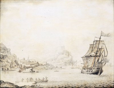 Britská loď u pobřeží Satalie (Turecko) v roce 1677, obklopená skalnatým pobřežím se starobylými městskými hradbami a minarety. Olej na dřevě od Jan Peeters
