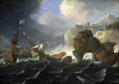 Nizozemská loď a galeona narazí v bouři na skalnaté pobřeží. Olej na dřevě, autor Jan Peeters (1624-1677). od Jan Peeters