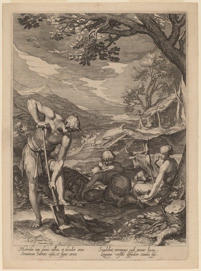 Adam a Eva pracují od Jan Pietersz Saenredam after Abraham Bloemaert