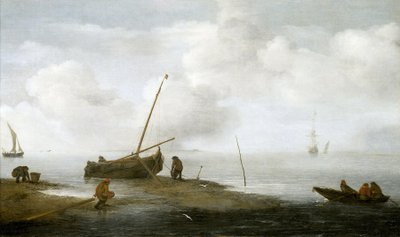 Lov mušlí, rybářská loď na břehu a tři muži, kteří se zabývají sběrem mušlí do košíků. Olej na plátně, 1622, autor Jan Porcellis (1580-1632). od Jan Porcellis