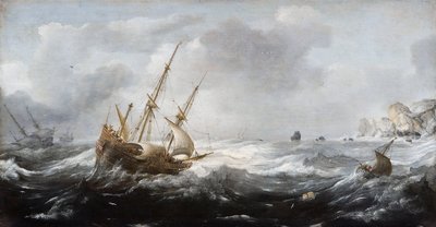 Lodě v bouři na skalnatém pobřeží - Peinture de Jan Porcellis (1582/5-1632) - 1614-1618 - Olej na dřevě - 35x67 - Hallwylska Museet, Stockholm od Jan Porcellis