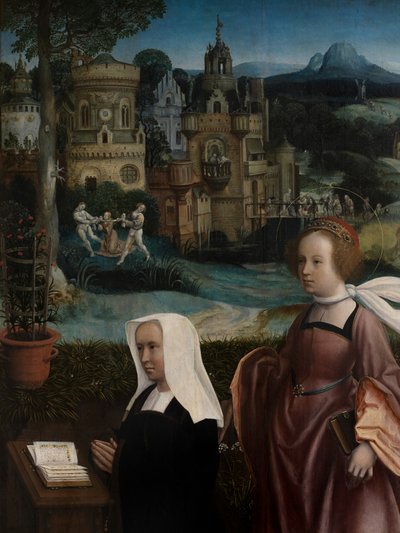 Detail dárce se svatým Mikulášem a dárcovou ženou se svatým Godelivou, kolem 1515-21 (olej na panelu) od Jan Provoost
