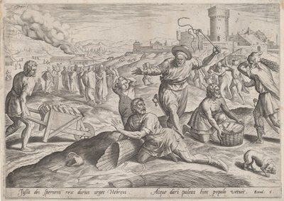 Taskmaster of the Pharaoh bití Izraelitů od Jan Sadeler I, Maarten van Cleef