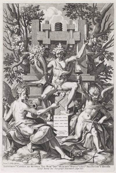 Bacchus sedící na sudu mezi Amorem a hudbou od Jan Sadeler I, after Joos van Winghe