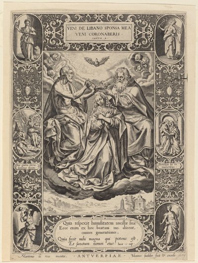 Korunovace Panny Marie od Jan Sadeler I after Maarten de Vos