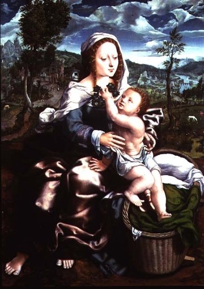 Madonna a dítě sedí v rozsáhlé krajině od Jan Sanders van Hemessen
