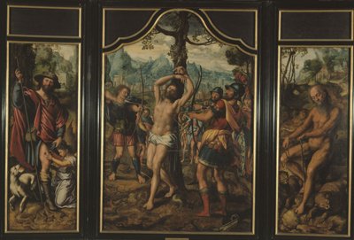 Triptych Umučení svatého Šebestiána (prostřední panel): Roch (levý panel), svatý Onufré (pravý panel), svatý Petr (rub pravého panelu), svatý Štěpán (rub levého panelu), mezi lety 1525 a 1566 (olej) od Jan Sanders van Hemessen