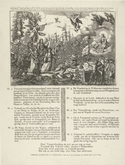 Alegorie jmenování Viléma IV jako stadtholder republiky, 1747 Image of Joy, spáchané ve všech Steeden ze sedmi spojených provincií, jmenováním (...) Willema Carela Henrika Frisa (...) jako Stadtholder, Capitein a od Jan Smit (II)