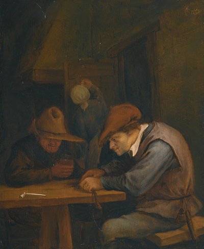 Sedláci pijí a řežou tabák v hostinci od Jan Steen