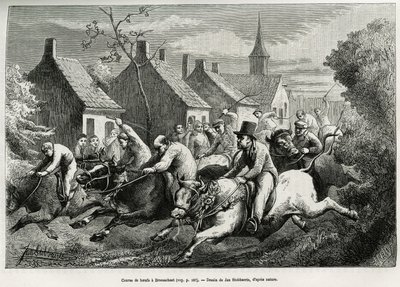 Závod volů v Braesschaet, vesnici polder, na oslavu zvířete zaměstnaného ve všech penibles, je pak ozdoben girlandami květin, šplhá se svým dobytkem na závod přes vesnici a za povzbuzování davu. Rytina Jana S od Jan Stobbaerts