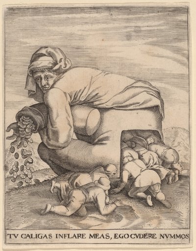 Muž s měšcem peněz a jeho pochlebovači od Jan Theodor de Bry after Pieter Bruegel the Elder