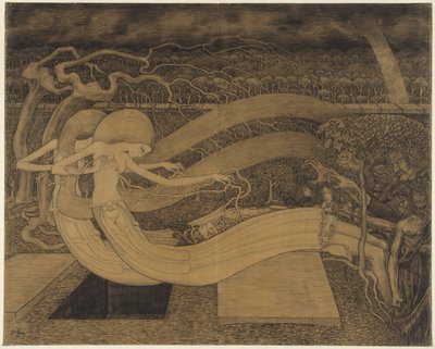 Ó hrobe, kde je tvé vítězství? Dvě ženy vedle muže a otevřený hrob Ó hrobe, kde je tvé vítězství od Jan Toorop