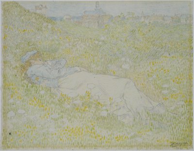 Žena ležící v dunách poblíž Noordwijku Dívka ležící v trávě se siluetou Noordwijku v pozadí od Jan Toorop