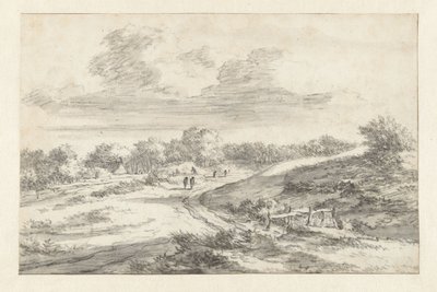 Dunová krajina s postavami podél silnice, s chatou v dálce od Jan Vermeer van Haarlem (I) (attributed to)