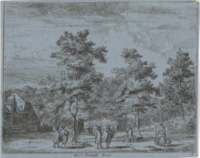 Kráčející postavy na aleji lemované stromy U Menniste Bosie (název na objektu) Krajiny oblasti Haarlem (název série) Gesigten Buijten Haarlem (název série) od Jan Vincentsz. van der Vinne