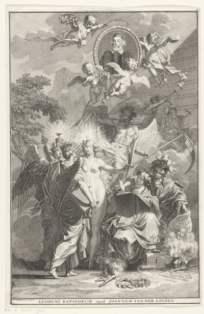 Alegorický titulní list s portrétem spisovatele Edwarda Simsona Titulní strana pro: Edward Simson, Chronicon historiam catholicam complectens, 1729 od Jan Wandelaar