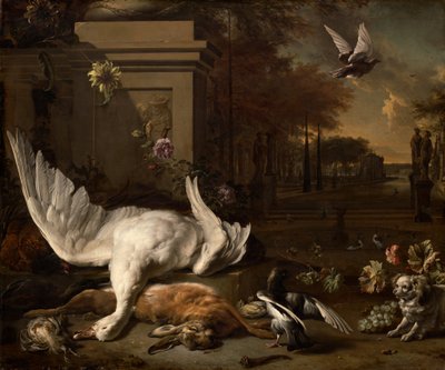 Zátiší s labutí a hra před venkovským statkem, c. 1685. od Jan Baptist Weenix