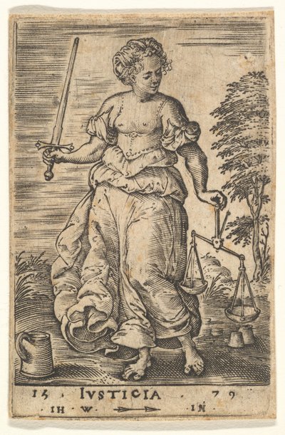 Spravedlnost, alegorická postava držící rovnováhu v levé ruce a meč v pravé..., 1579. od Jan Wierix