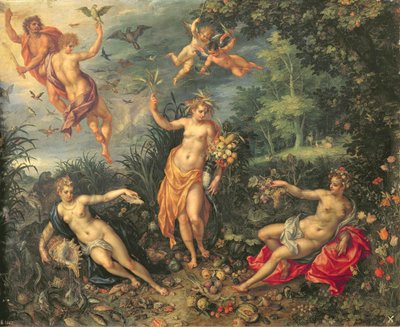 Hojnost a čtyři elementy, cca 1606 (olej na mědi) od Jan and Clerk, H. Brueghel