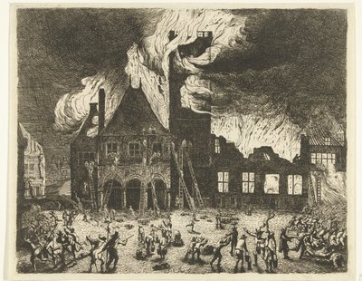 Požár staré radnice v Amsterdamu, 1652 Zobrazení starých Stadthuyů vypálených do Amsterdamu 7. července 1652 od Jan de Baen