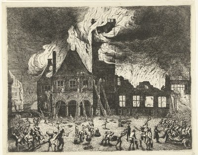 Požár staré radnice v Amsterdamu, 1652 Vyobrazení starých Stadthuyů upálených v Amsterdamu 7. července 1652 od Jan de Baen