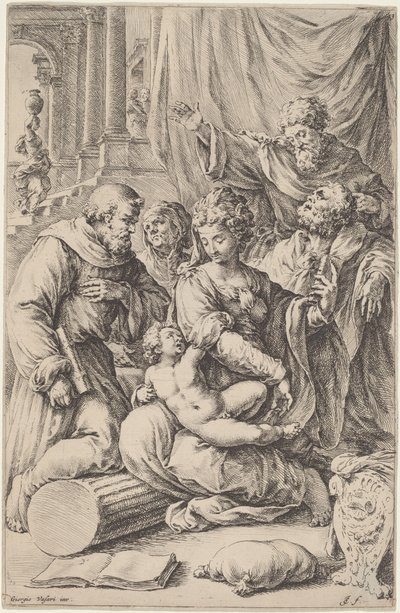 Svatá rodina se svatými od Jan de Bisschop, after Giorgio Vasari