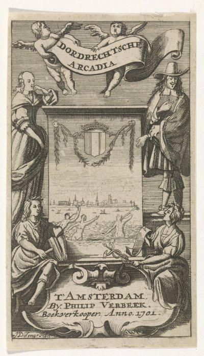 Čtyři postavy kolem rámu s výhledem na Dordrecht Titulní strana pro: Dordrechtsche Arcadia, 1701 od Jan de Jonge