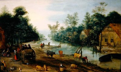 Zalesněná říční krajina v létě s cestovateli přijíždějícími do hostince (olej na panelu) od Jan the Elder (circle of) Brueghel