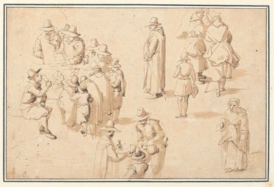 Fontána v lázních se studiemi elegantních postav beroucích vodu a dvou mnichů a kněze od Jan the Elder Brueghel