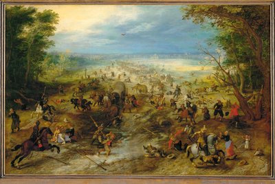 Útok banditů na kolonu vozů tažených koňmi (olej na dubovém dřevě) od Jan the Elder Brueghel